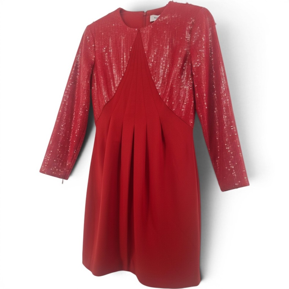 Reiss Dress Womens 6 Cara Sequin Top Waist Red Long Sleeve Mini NEW